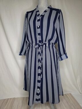 Fifth & Park Navy and White Striped Shirt Dress with Waist Tie
